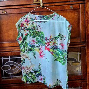 Stunning Silk Light Blue Blouse Floral and Birds Print
